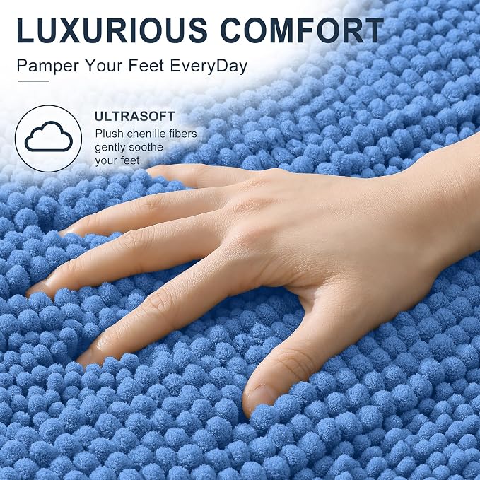 Smiry Thick Chenille Toilet Rugs U-Shaped 24x20, Bath Mat, Cornflower Blue | Soft Absorbent Striped Contour Bathroom Rugs, Machine Washable, Dry Quickly, Non‑Slip, Modern Home Decor Accessories