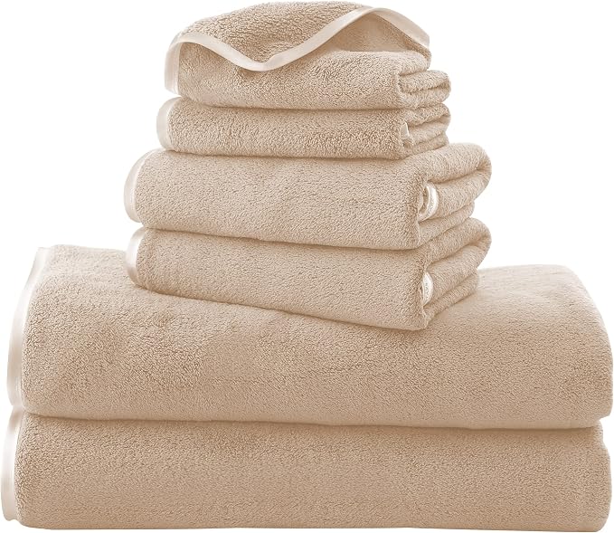 TENSTARS Luxury Silk Hemming Towel Set - Light Thin Quick Drying - 2 Bath Towels 2 Hand Towels 2 Washcloths - Ultra Soft Microfiber Towel for Bath Fitness, Sports, Yoga, Travel (Brown 6 Pieces)