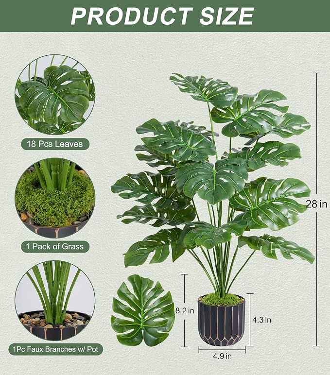 florisso 28" Fake Plants Artificial Monstera Plant Tall Faux Plants | Indoor Outdoor Tree, Fade-Resistant, Zero Maintenance, Premium Durable for Living Room Bedroom Home House Decoration