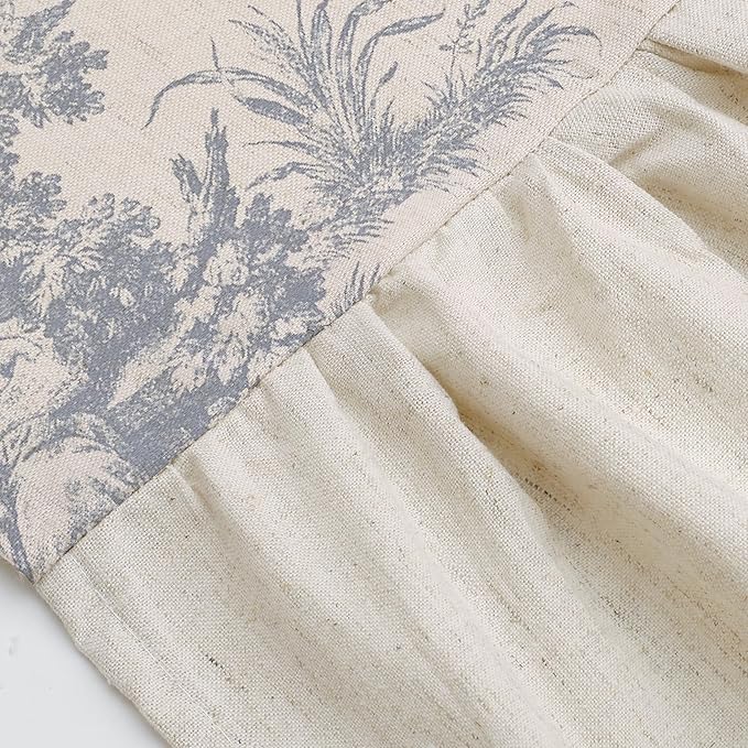 MUGINYU Ruffle Linen Shower Curtain with Blue and White Toile de Jouy for Vintage French Country Bathroom Decor Shabby Chic Chateau Toile Pattern 72x72 Inches