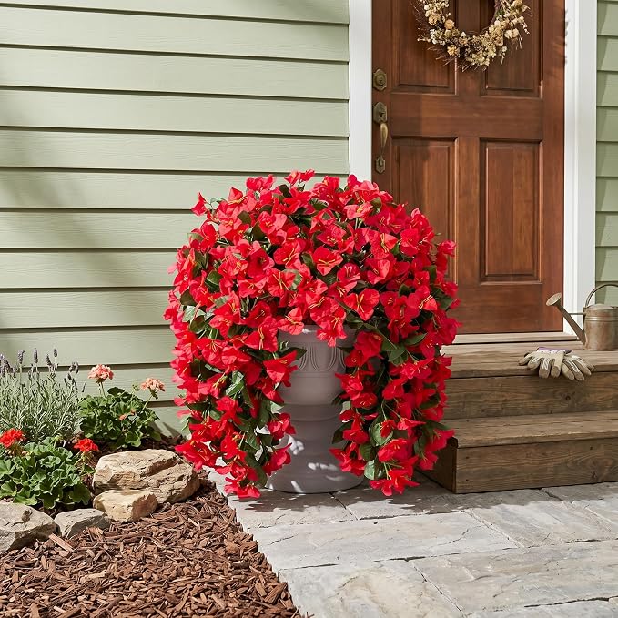 Faux Bougainvillea Artificial Flowers Plants for Outdoor Outside Decoration, 2 PCS Red Fake Flowers UV Resistant Look Real Silk Long Trailing Vines for Front Door Porch Planter Urn Patio Garden Yard
