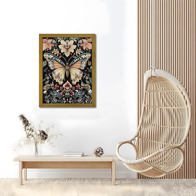 Hand Drawn Sandstone Nature Floral Wall Art, Framed Vintage 3D Textured Butterfly Wall Decor, Gothic Style Flower Insect Print Painting for Living Room Bedroom Home Decor 12x16 inch