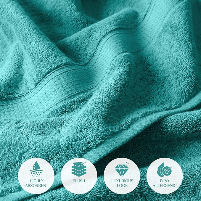 SUPERIOR Egyptian Cotton Ultra Plush & Absorbent, 12 Piece Set, Turquoise | Heavyweight 12 Pc Egyptian Cotton Towel Set Includes 4 Bath Towels 4 Hand Towels 4 Washcloths Decorative Rope Border