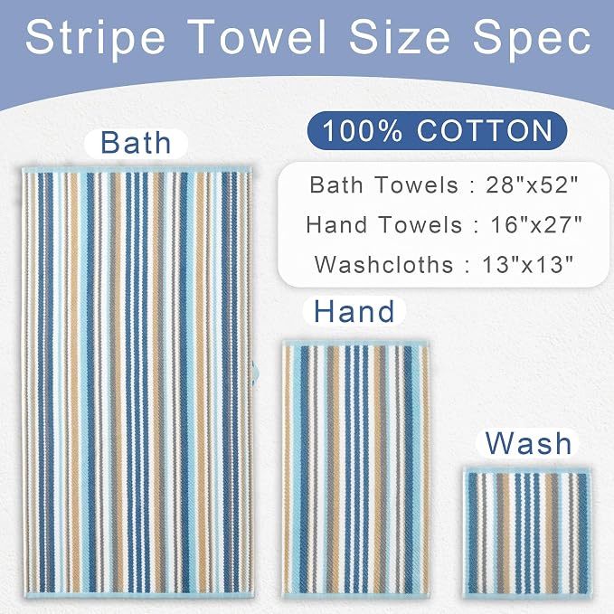VOOVA & MOVAS Striped Towels 3 Pack, 100% Cotton, Blue Gray Beige | Ideal for Household & Guest Bathroom, 13x13, 16x27, 28x52 In, Quick Dry, Soft, Absorbent, Bath Towels with Hanging Loops