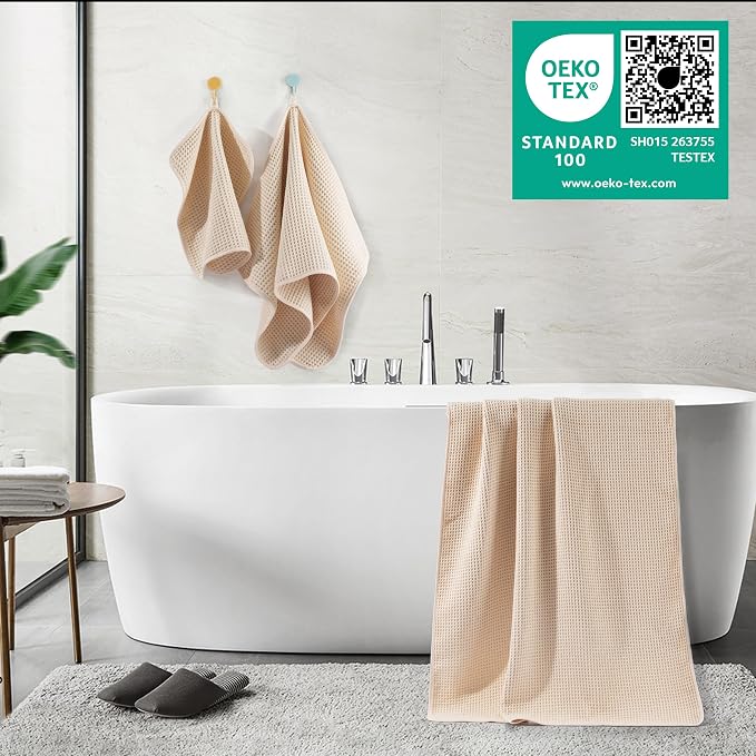 POLYTE 430 GSM Poly Blend Microfiber Quick Dry Waffle Bath Towel Set of 6 | 2-Body Towels, 2-Hand Towels, 2-Wash cloths, Oversize, Lint Free