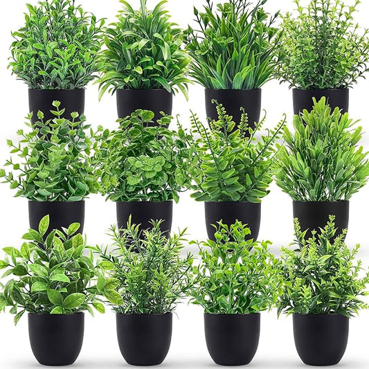 Der Rose 12 Pack Small Fake Plants in Black Pots, Bathroom Decor Indoor | Unique faux plants mix, gothic black pot look, for bathroom shelf desk office table classroom and Halloween fall home decor