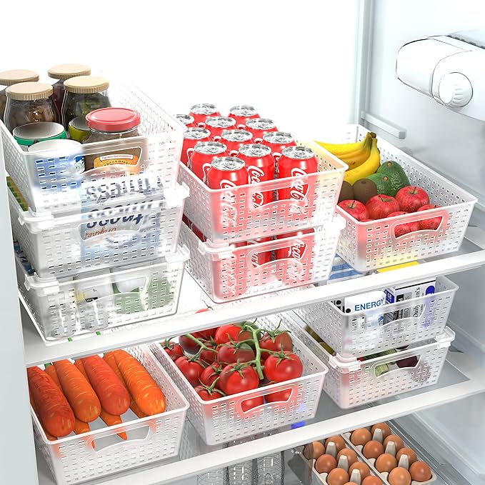 Simple Houseware Stackable Plastic Woven Basket Organizer, 6 Pack, Clear | 14.5" D x 8.5" W x 3.5" H
