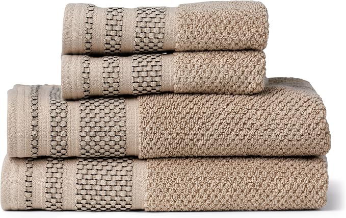 Texere 100% Organic Cotton Rice Weave Jacquard 700 GSM Luxury Bath Towel Sets - Ultra Soft and Absorbent Hotel and Spa Quality (Rice Weave, Oxford Tan, 2 Hand & 2 Face Towels)