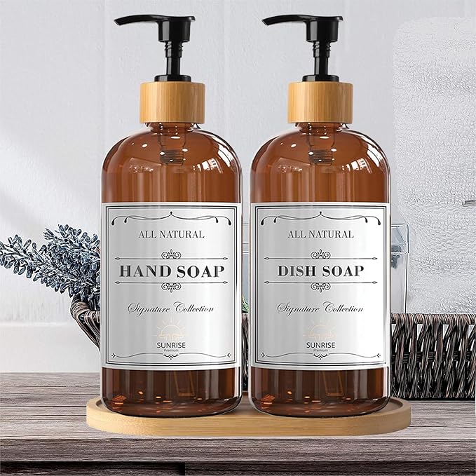 Amber Glass Soap Dispenser, Bamboo Pump with Tray, 16 oz | Amber Glass, Bamboo Pump Hand and Dish, Bathroom and Kitchen Sink use,6 Waterproof Labels Included 4 Pack