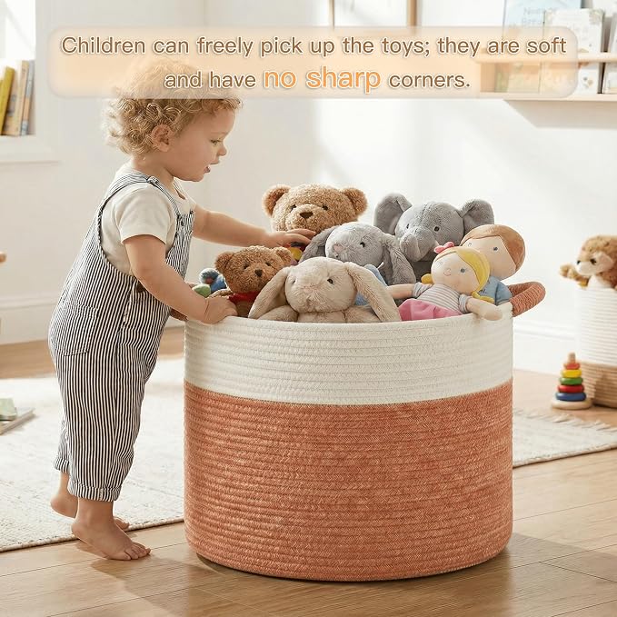 Artfeel 70L Large Cotton Rope Basket, Decorative Woven Blanket Storage for Living Room, Boho Toy Storage & Toy Box for Kids, Versatile Laundry Basket & Nursery Hamper for Blankets(Orange)