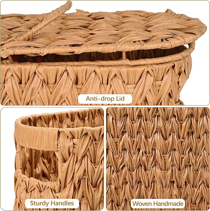 Livole 2-in-1 Wicker Toilet Paper Storage Basket with Lid, Natural | Holds Up 16 Regular Rolls, Slim Hand-Woven Plastic Rattan Waterproof Toilet Paper Organizer for Bathroom