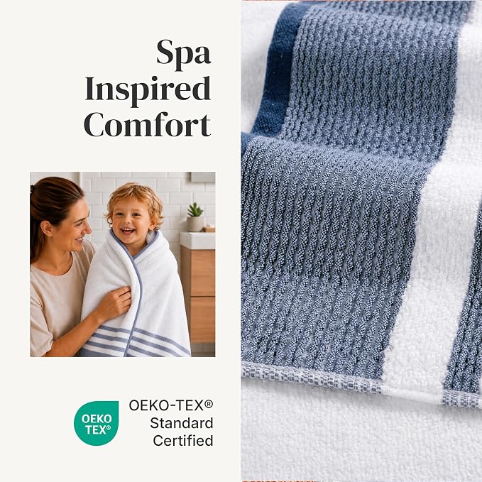 Modern Threads 6-Piece Towel Set – 100% Cotton, Quick Dry, Ultra Absorbent – Includes 2 Bath, 2 Hand, 2 Washcloths (White/Reinhart Blue)