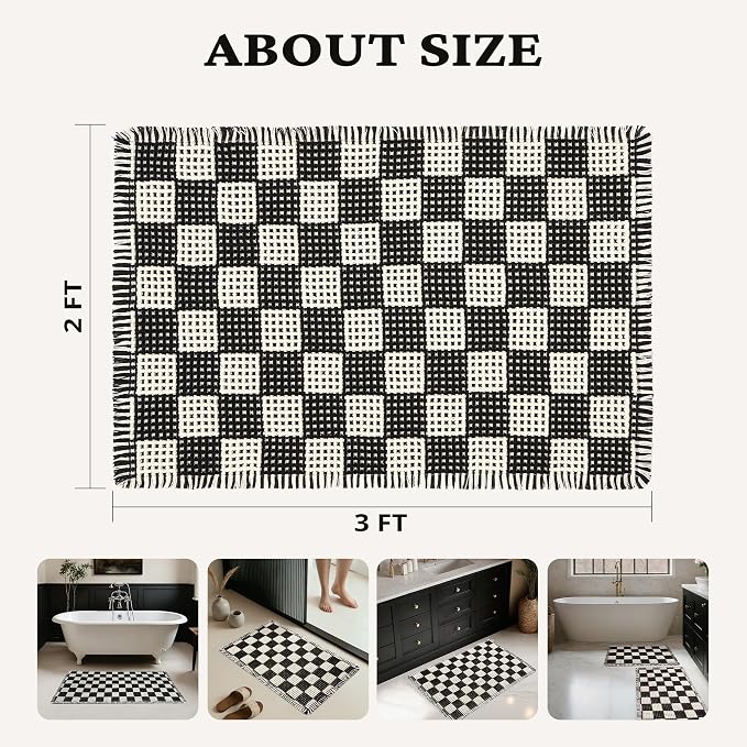 MatEssenz Modern Farmhouse Checkered Bath Mat 2x3 Ft, Waffle Bathroom Rug with Tassels, Non Slip Rubber Backed Bath Mat, Super Absorbent Machine Washable Bathroom Floor Rug