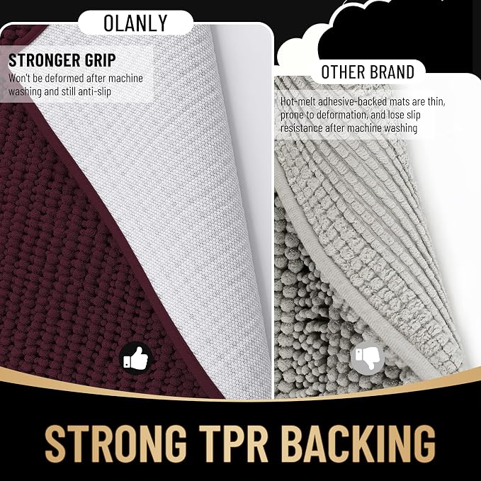 OLANLY Thick Chenille Small Bathroom Rugs Mats 24x16, Black Cherry | Soft Absorbent Bath Rugs, Rubber Backing, Machine Wash Dry, Bath Mats for Bathroom, Tub and Shower, Home Decor Accessories