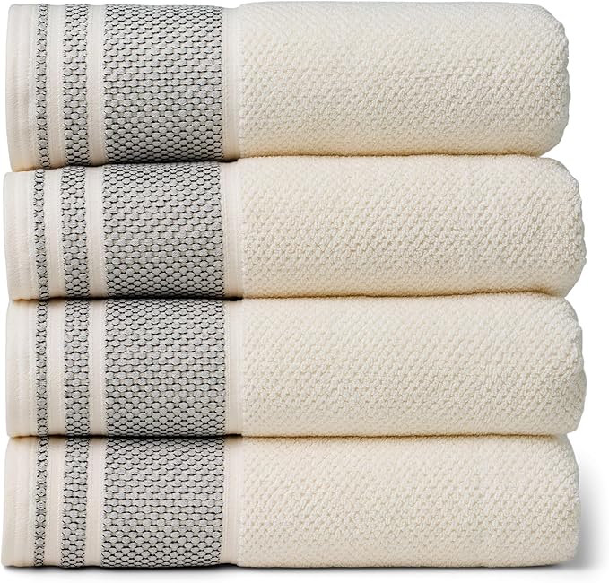 Texere 100% Organic Cotton Rice Weave Jacquard 700 GSM Luxury Bath Towel Set - 4 Large Bath Towels (Rice Weave, Cream w/Blk, 4 Bath Towels)