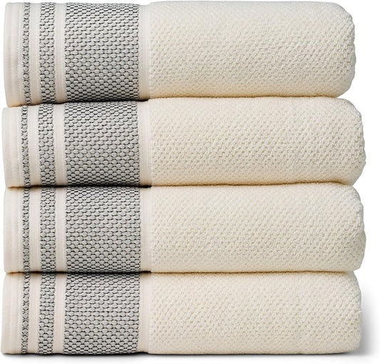 Texere 100% Organic Cotton Rice Weave Jacquard 700 GSM Luxury Bath Towel Set - 4 Large Bath Towels (Rice Weave, Cream w/Blk, 4 Bath Towels)