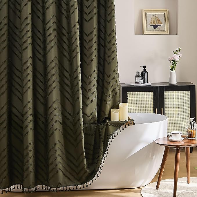 Siiluminisoy Extra Long Olive Green Boho Shower Curtain with Tassel, Woven Fabric 84 in Shower Curtain, Tufted Chevron Striped, 72 x 84, Modern Chic Textured Minimalist Bathroom Shower