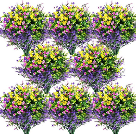 Hananona 24 Pcs Artificial Flowers Outdoor, Faux Artificial Plants UV Resistant Plastic Flower Bulk for Hanging Planter Porch Window Home Wedding Summer Decor (24, Fuchsia, Purple, Yellow, Green)