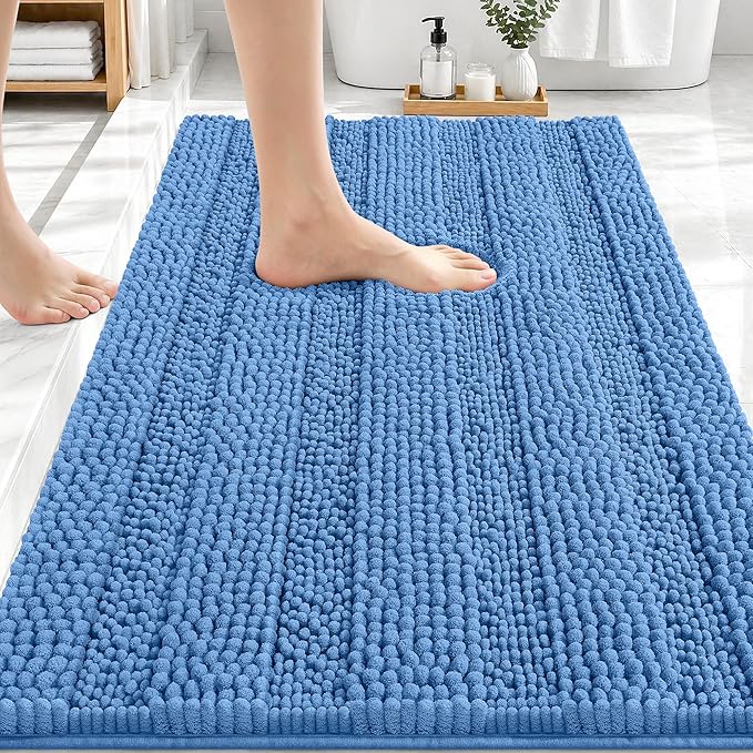 OLANLY Thick Bathroom Rugs 30x20, Soft Chenille Bath Rugs, Cornflower Blue | Rubber Backing, Machine Wash, Extra Absorbent Striped Bath Mats for Bathroom Floor, Tub and Shower, Home Decor Accessories