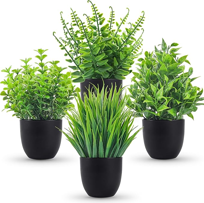 Der Rose 4 Pack Small Fake Plants in Black Pots, Bathroom Office Decor | No-watering artificial plants, gothic black pot style, for shelf desk office kitchen table and Halloween fall home decor
