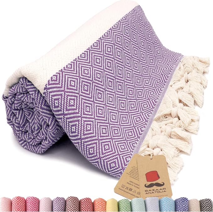 Turkish Beach Towel, 100% Cotton, 71x39 in, Diamond Purple
