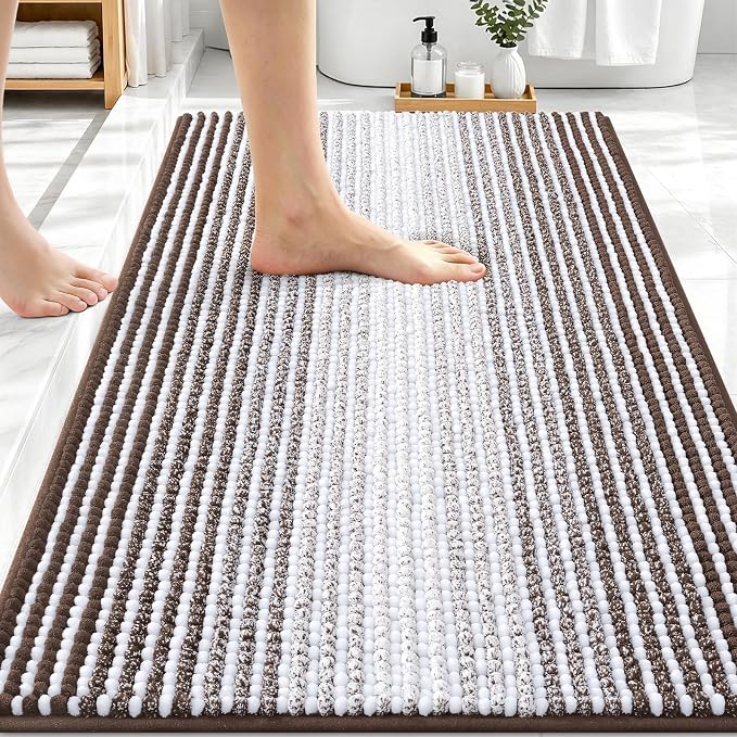 OLANLY Bathroom Rugs 30x20, Soft Chenille Striped Bath Rugs, Brown | Extra Absorbent, Rubber Backing, Machine Wash Dry, Bath Mats for Bathroom Floor, Tub and Shower, Home Decor Accessories