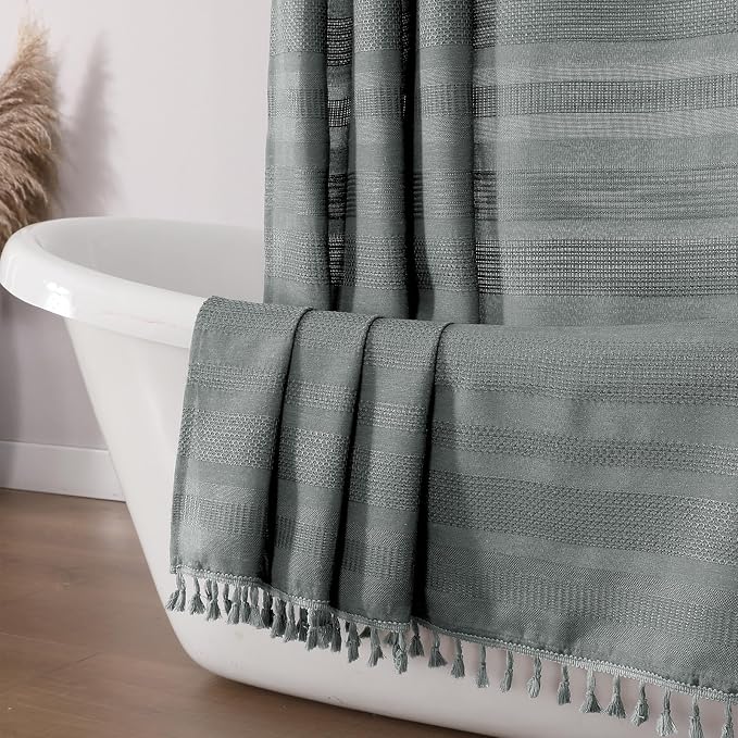 Light Grey Shower Curtain for Bathroom, Boho Linen Textured Shower Curtain with Tassel, Rustic Striped Heavy Duty Vintage Country Bathroom Curtain, 72Wx72L Inches