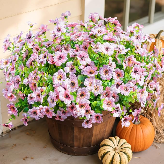 florisso Artificial Flowers for Outdoors Daisy 12 Bundles for Decor | Faux Flower Fake Plants Outside Decoration with Eucalyptus UV Resistant for Planter Porch Patio Yard Garden Pink