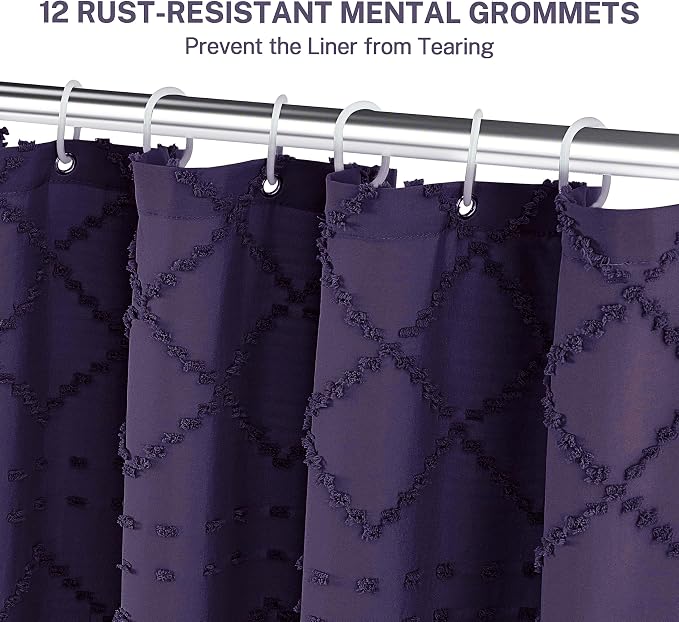 Siiluminisoy Boho Shower Curtain 84inch Dark Purple Woven Fabric Long Shower Curtain, Tufted Chevron Textured Striped 72" x 84" Modern Farmhouse Minimalist Cloth Shower Curtains for Bathroom
