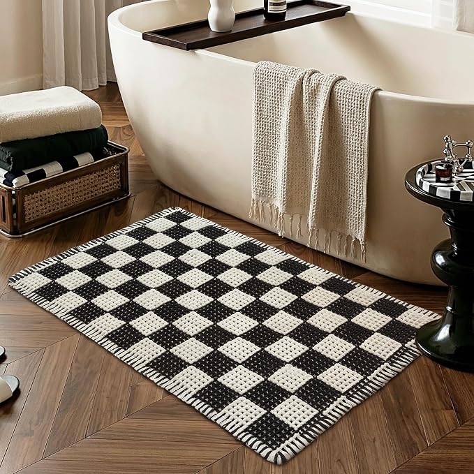 MatEssenz Modern Farmhouse Checkered Bath Mat 2x3 Ft, Waffle Bathroom Rug with Tassels, Non Slip Rubber Backed Bath Mat, Super Absorbent Machine Washable Bathroom Floor Rug