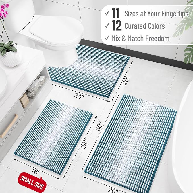 OLANLY Bathroom Rugs 30x20, Soft Chenille Striped Bath Rugs, Peacock Blue | Extra Absorbent, Rubber Backing, Machine Wash Dry, Bath Mats for Bathroom Floor, Tub and Shower, Home Decor Accessories