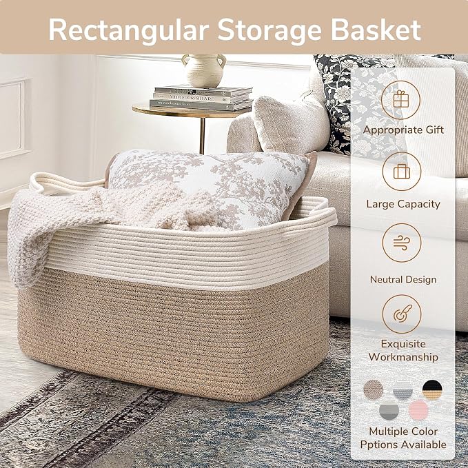 Goodpick Large Woven Rope Blanket Basket, Rectangle, White & Brown | 21.6'' x 14.9'' x 11.8'' Storage Basket for Blankets & Toys, Living Room, Bedroom & Nursery Organization, Reinforced Handles