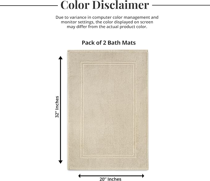 2 Piece Bath Mats 20 x 32 Inches, Beige | 100% Cotton Terry Bath Mats, Super Absorbent, Hotel Quality Premium Floor Towels, Luxurious, Soft & Quick Dry