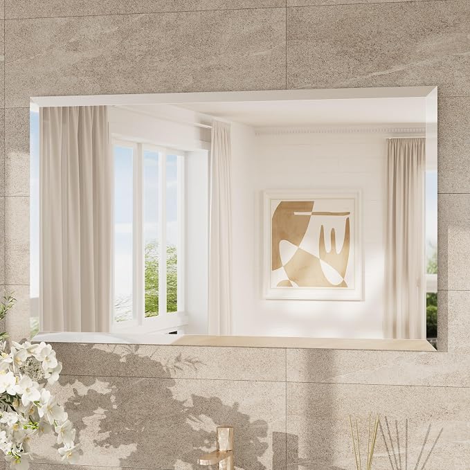 40x24 Beveled Frameless Bathroom Mirror, Vanity Bathroom Mirrored with 1" Beveled Edge, Shatterproof Modern Frameless Mirror Rectangle for Living Room, Entryway, Restroom