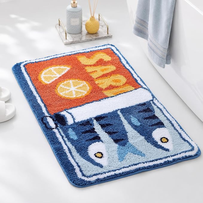 TRUEDAYS Sardine Bath Mat, Cute Bath Rugs for Bathroom 24x40 Inch, Blue | Fun Bath Mat, Soft Absorbent, Quick Dry, Machine Washable, Non Slip Bath Rugs for Bathroom Decor Kitchen Bedroom