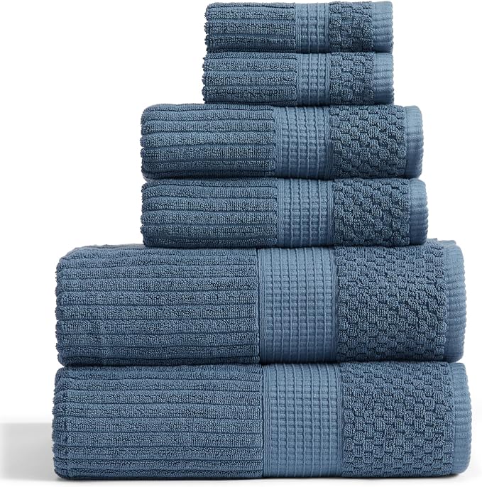 100% Cotton Bath Towel Set | 6-Piece Set | Textured | Ocean | Absorbent & Quick-Dry Bathroom Towels | Textured and Durable Cotton Towels for Bathroom | OEKO-TEX | Krista Collection