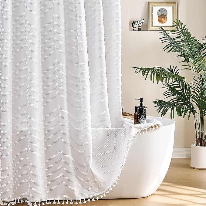 Siiluminisoy Boho Shower Curtain White Tassel Woven Fabric Shower Curtain 54 x 78 Modern Farmhouse Textured Tufted Chevron Striped Minimalist for Bathroom, Closet Door
