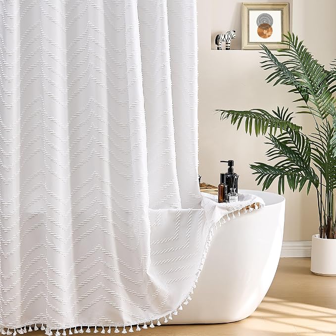 Siiluminisoy Stall Shower Curtain 36x72 White Fabric Shower Curtain Stall Size Cloth Shower Curtains Tufted Chevron Striped Textured Modern Farmhouse Minimalist for Bathroom Decor
