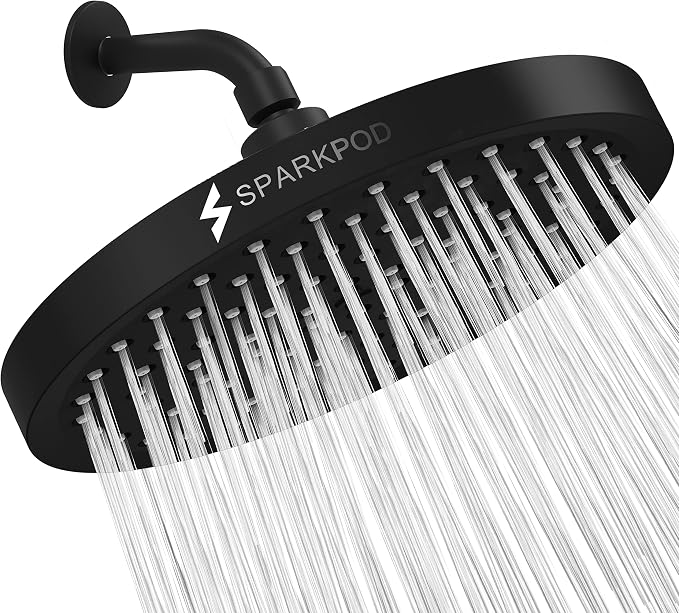 SparkPod Rain Shower Head, 8 Inch Round, Midnight Black Matte Finish | High Pressure Shower Heads, 90 Nozzles, Adjustable Showerhead, No Tools Needed, Universal Connection