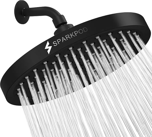 SparkPod Rain Shower Head, 8 Inch Round, Midnight Black Matte Finish | High Pressure Shower Heads, 90 Nozzles, Adjustable Showerhead, No Tools Needed, Universal Connection