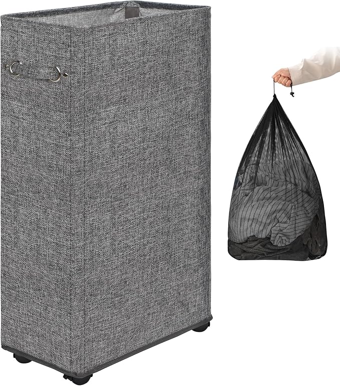 DOKEHOM 29" Enlarged Slim Rolling Laundry Basket Hamper on Wheels, Grey | Collapsible tall laundry hamper with removable mesh wash bag. Foldable narrow corner clothes storage bin for small spaces