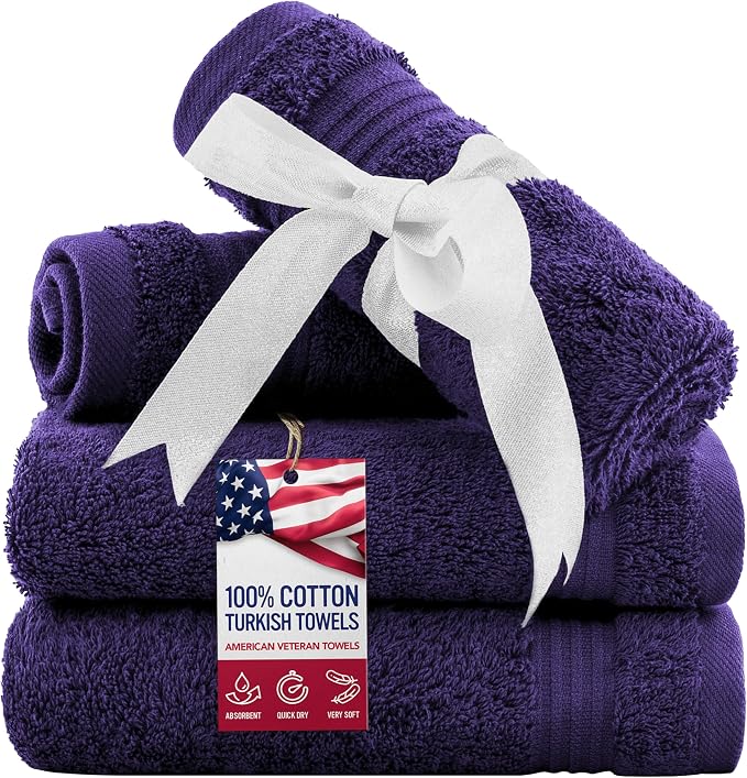American Veteran Towel, 100% Cotton Turkish Washcloths for Bathroom Essentials 4 Pack, Soft Absorbent Wash Cloths Quick Drying Small Towels Washrags, Purple