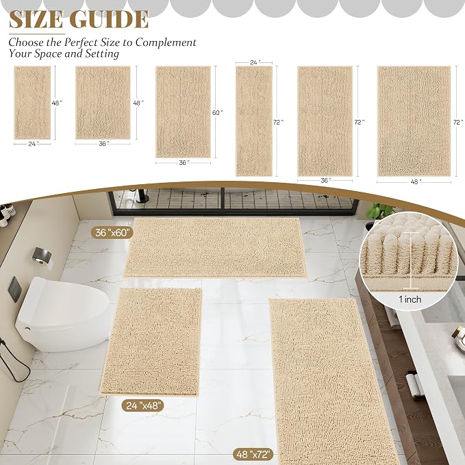 Bathroom Rugs Mat 48 x 24, Thick Soft Absorbent Chenille Bath Rugs, Rubber Backing Bath Mats for Bathroom Floor, Tub, Shower, Bedroom, Home Decor Accessories, Quick Dry Machine Washable, Beige