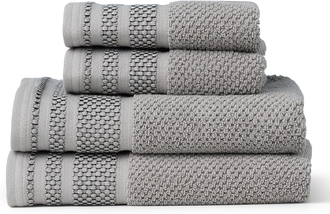 Texere 100% Organic Cotton Rice Weave Jacquard 700 GSM Luxury Bath Towel Sets - Ultra Soft and Absorbent Hotel and Spa Quality (Rice Weave, Cathedral Gray, 2 Hand & 2 Face Towels)