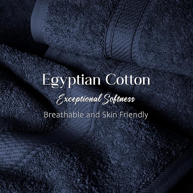 SUPERIOR Egyptian Cotton Ultra Plush & Absorbent, 12 Piece Set, Navy Blue | Heavyweight 12 Pc Egyptian Cotton Towel Set Includes 4 Bath Towels 4 Hand Towels 4 Washcloths Decorative Rope Border