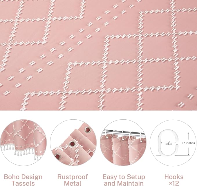 Siiluminisoy Extra Long Boho Pink Shower Curtain with Tassels 72 x 84, Tufted Chevron Striped Chenille Woven Fabric Cloth Shower Curtain Modern Farmhouse Minimalist, Shabby Chic Textured for Bathroom