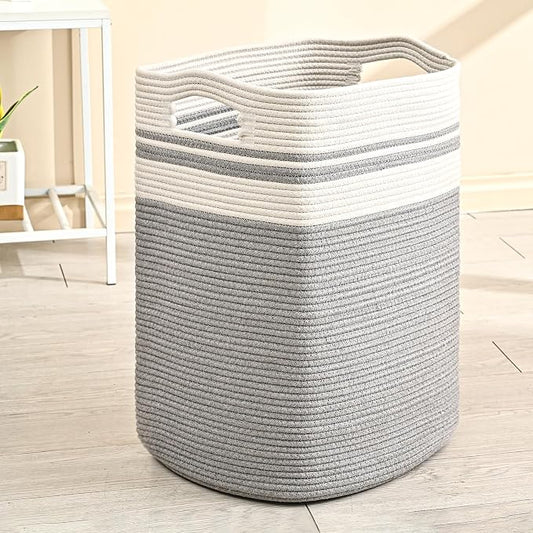 ICERZCZ 78L Laundry Hamper, Woven Rope Tall Laundry Basket with Handles, Decorative Blanket Basket for Bedroom, Bathroom, Collapsible Baskets for Toys, Clothes, 16”x14”x22”, White & Grey