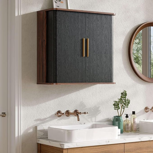 FIMELLO 29.5" W Bathroom Wall Cabinet, Laundry Room Cabinets Wall Mounted with Sliding Tambour Door, Kitchen Wall Cabinet, Floating Cabinet for Wall, Upper Cabinets, Black Walnut