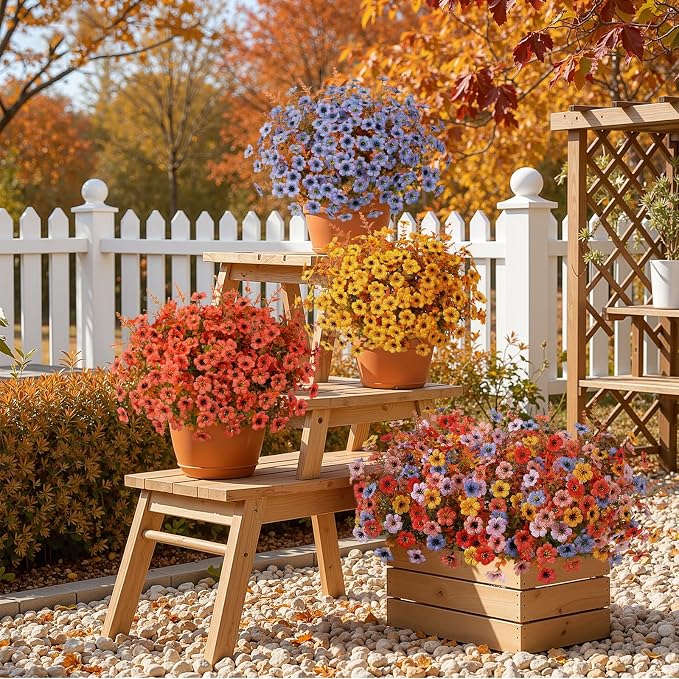 SHareconn 48 Bundles Fake Fall Flowers UV Resistant Outdoor Decor | Artificial Fall Flowers Silk Violet Lavender, Faux Fall Flowers Outside for Patio, Porch, Garden, Yard and Home, 6 Colors