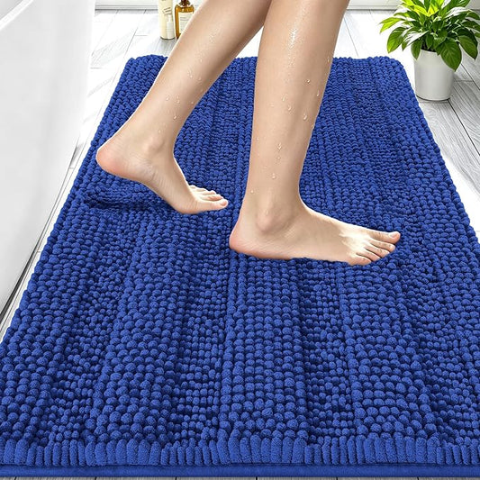 Smiry Thick Small Chenille Bathroom Rugs 24x16, Soft Bath Mat, Royal Blue | Quick‑Dry & Machine Washable, Non‑Slip Bath Carpet, Striped Bath Rugs for Tub & Shower, Modern Home Decor Accessories